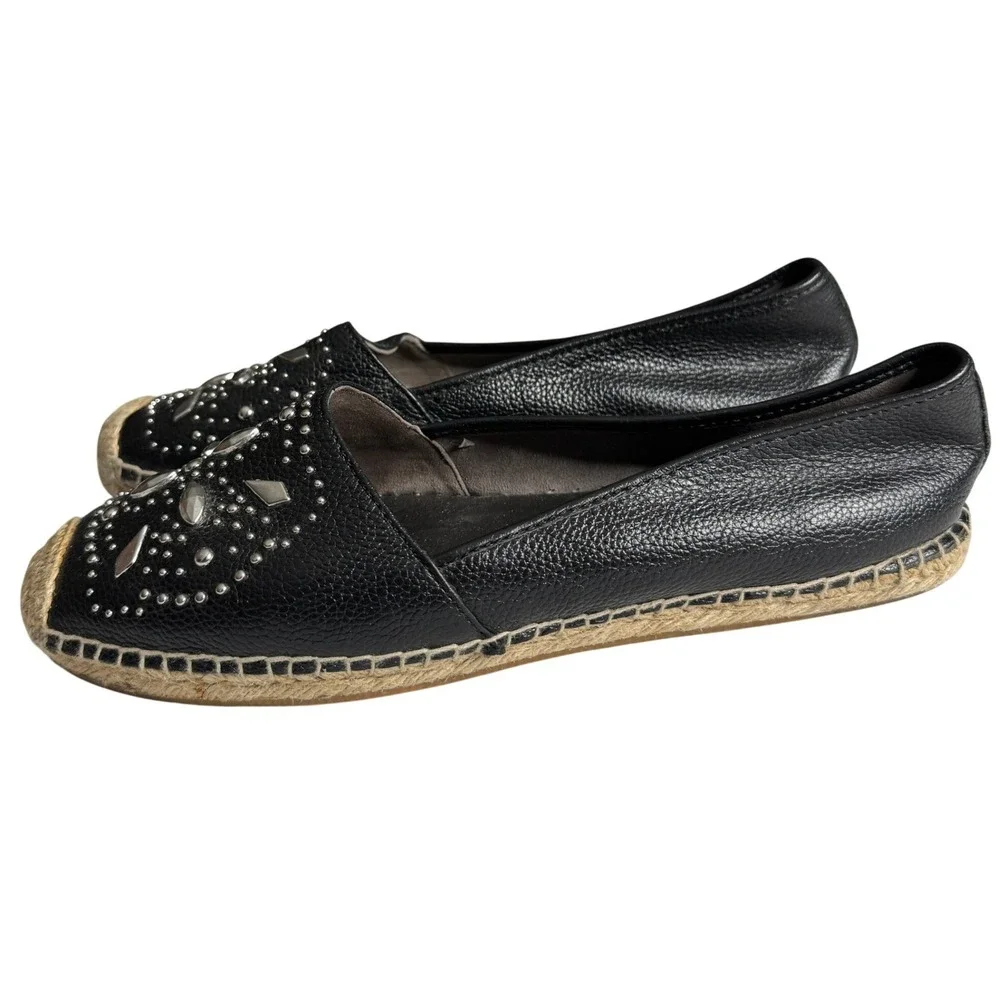 Brighton Jett Black Leather Studded Espadrille Flats Shoes Womens 10 Silver Stud